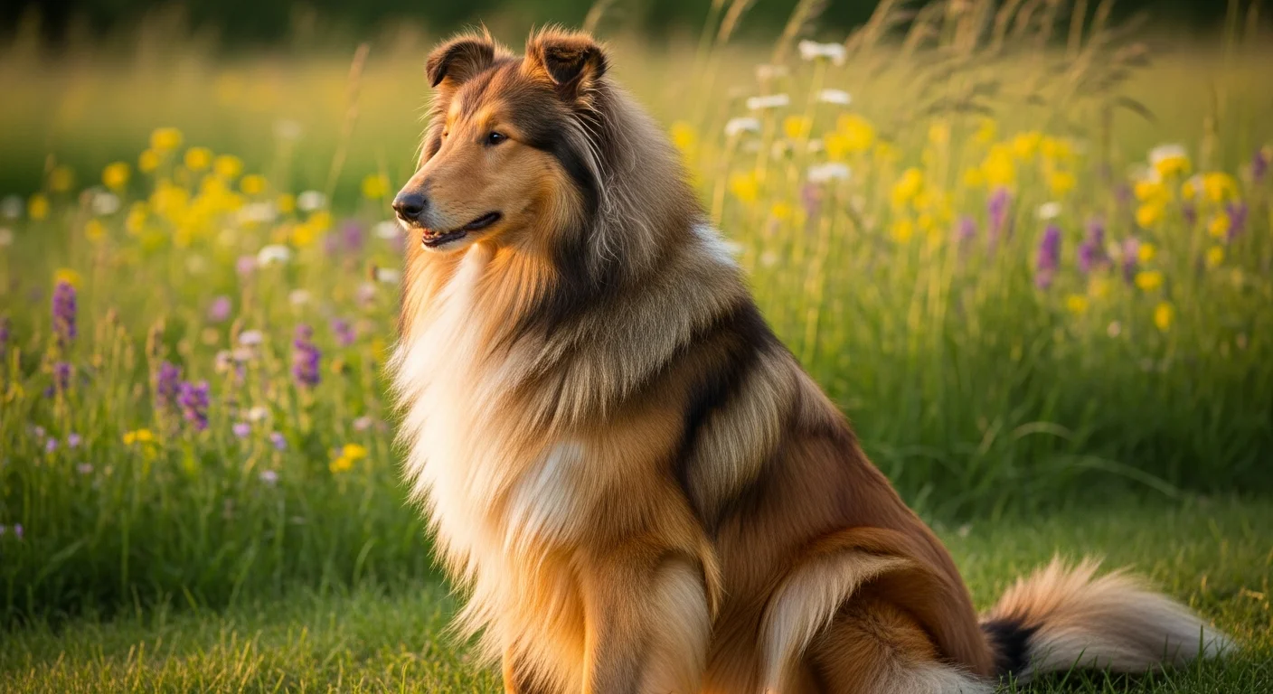 Rough Collie in a green meadow