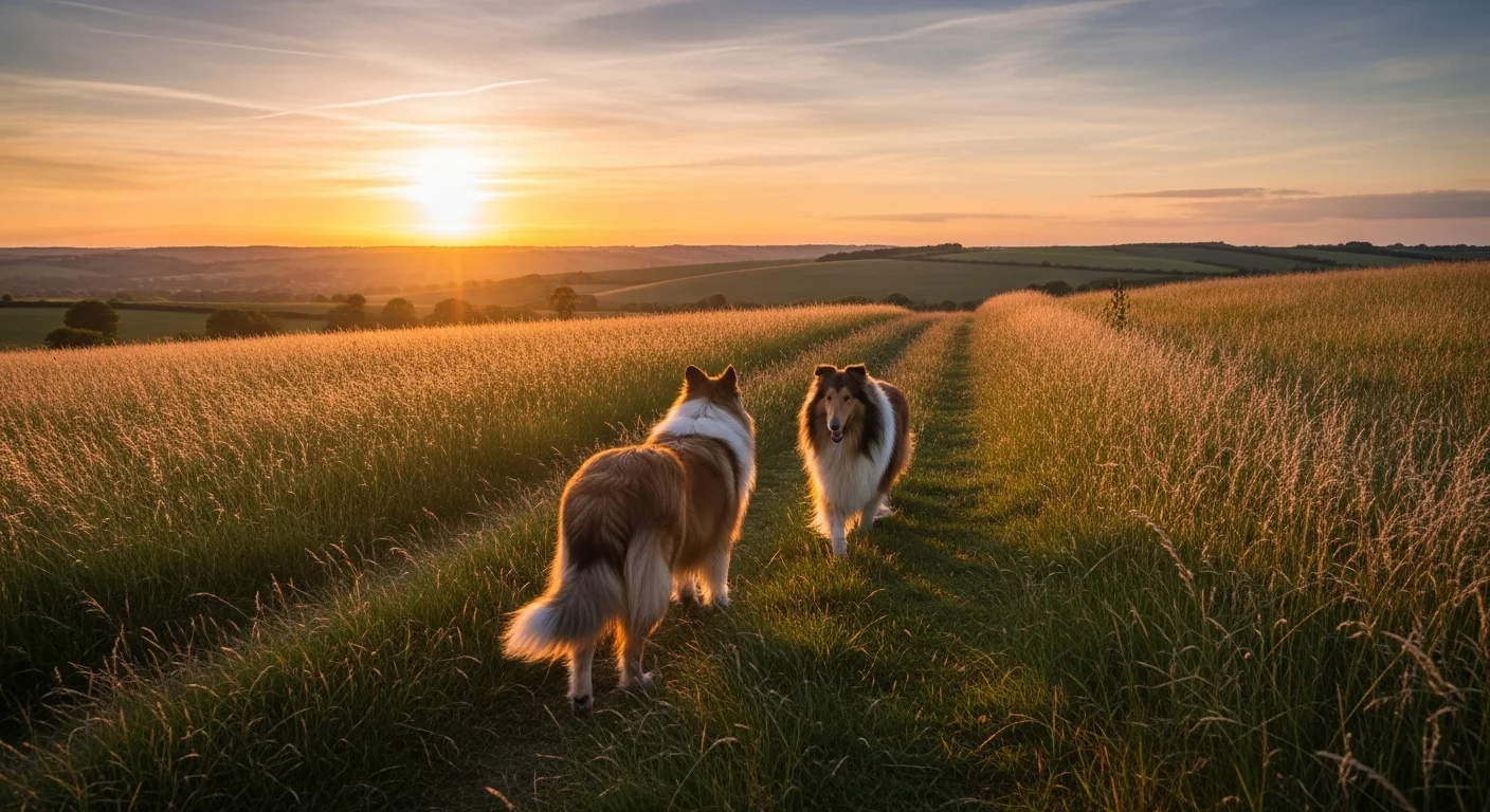 Two Rough Collies in countryside setting