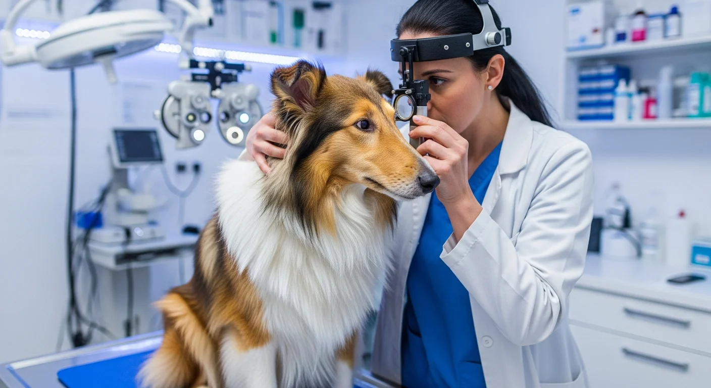 Veterinarian performing eye examination on Collie