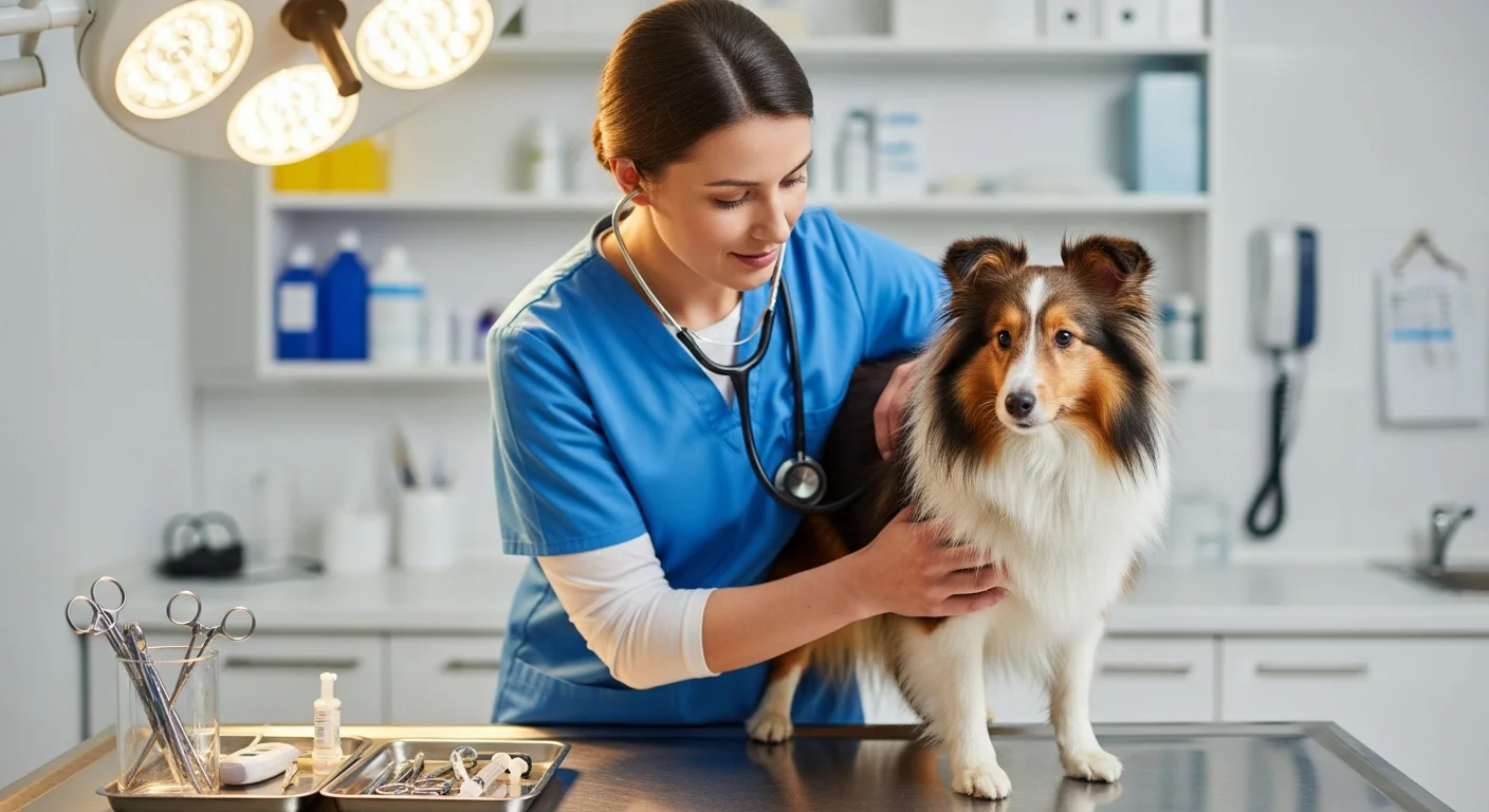 Veterinarian examining Shetland Sheepdog in clinic