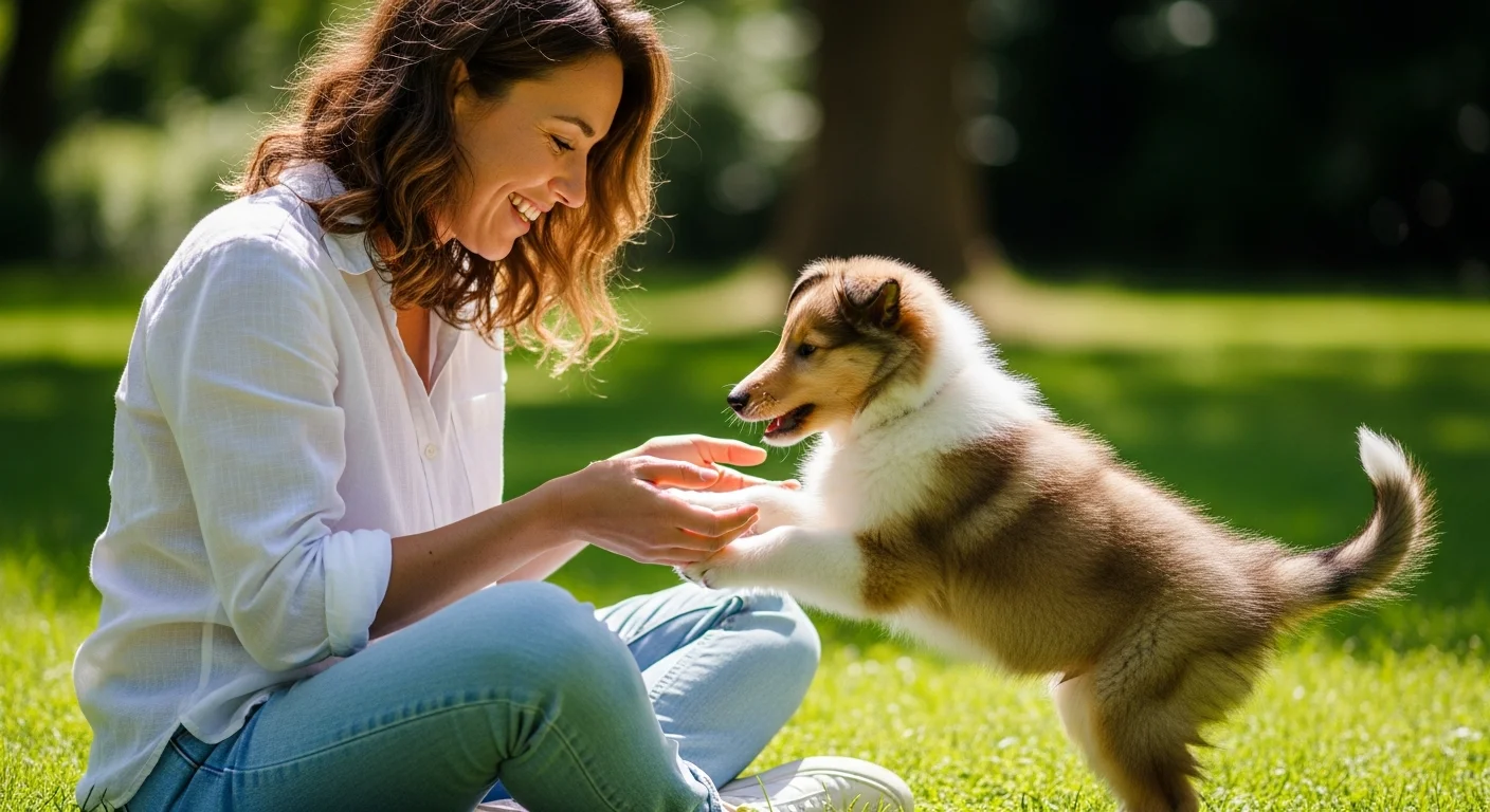 Owner playing with Rough Collie puppy outdoors