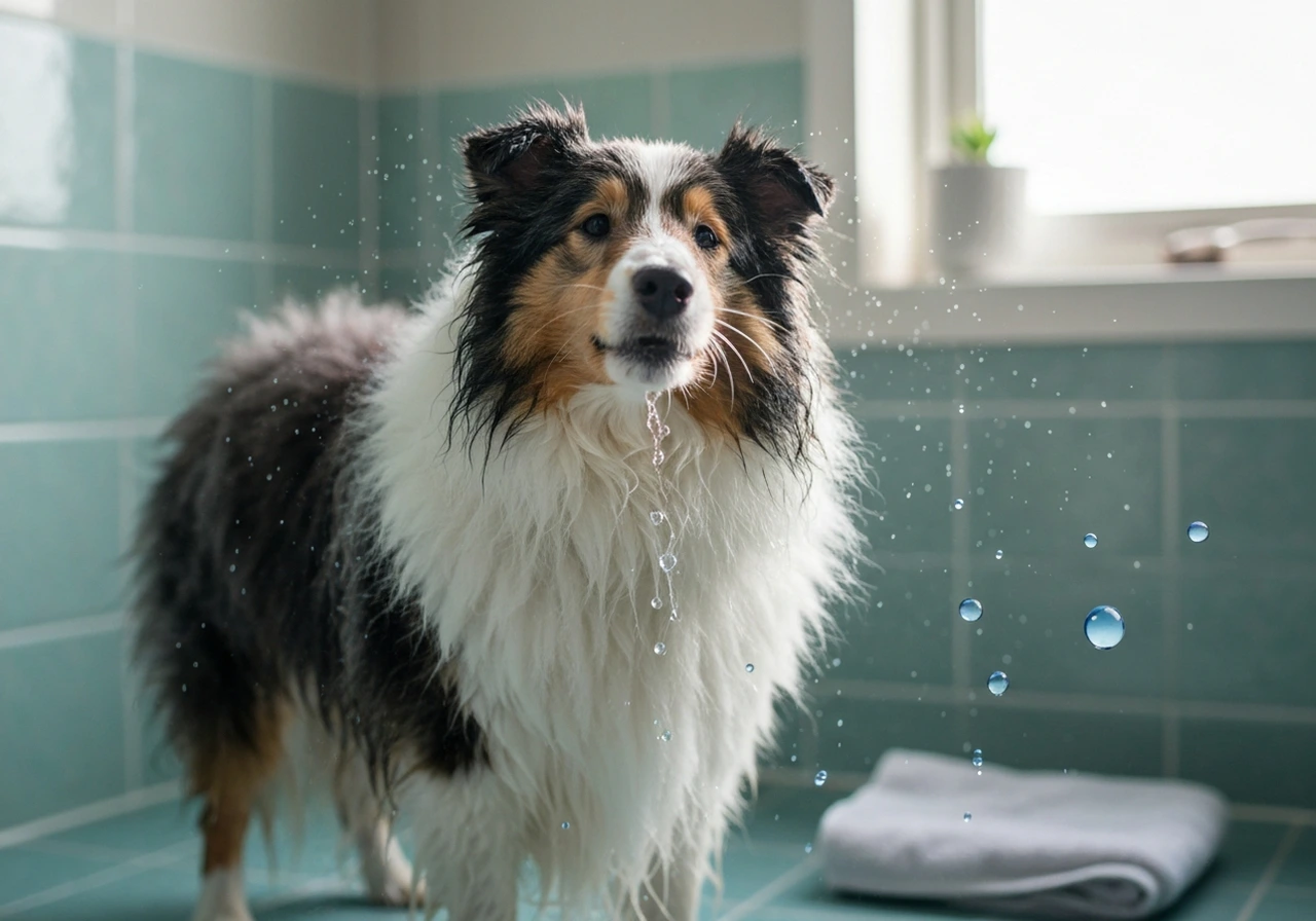 Shetland Sheepdog being groomed